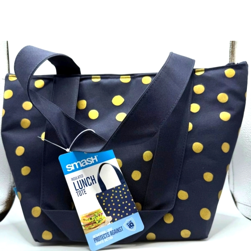 Smash Insulated Lunch Tote Bag with Handle Blue W/ Gold Dots NWT